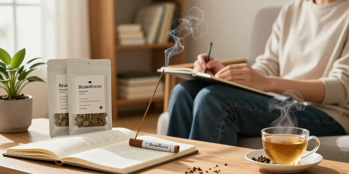 A person enjoying a relaxing moment using Brainfreeze 10-gram bags of herbal incense, surrounded by calming elements in a cozy living room.