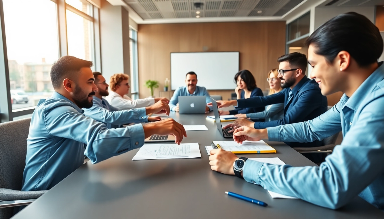 Employees engaged in proposal writing and management collaboration in a bright office environment.