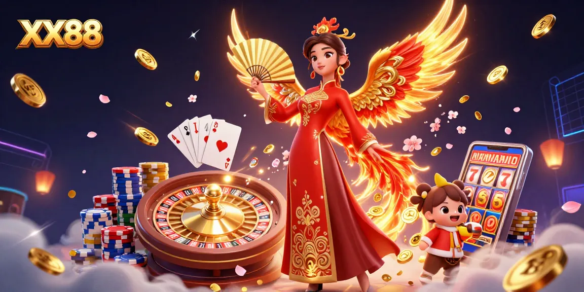 Experience excitement at XX88 with a vibrant 3D scene of a Vietnamese ao dai character amidst casino magic.