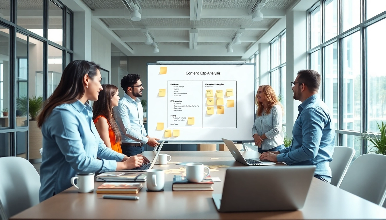 Analyzing key findings in a Content Gap Analysis with a team in a modern office setting.