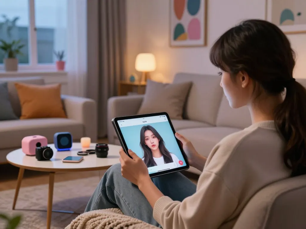 Engaging NSFW AI chat interaction on tablet in a cozy modern living room.