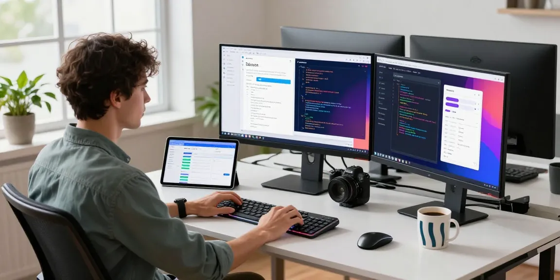 Developer working with 纸飞机中文版 on multiple screens in a modern tech workspace.