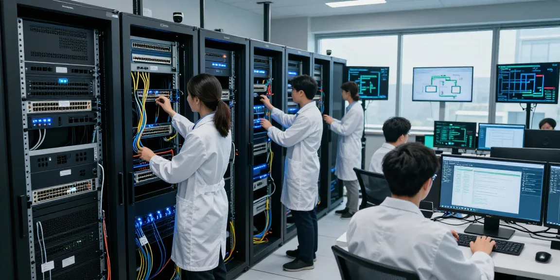 Inside a server room with C19/C20 connectors being inspected by technicians while monitoring performance data.