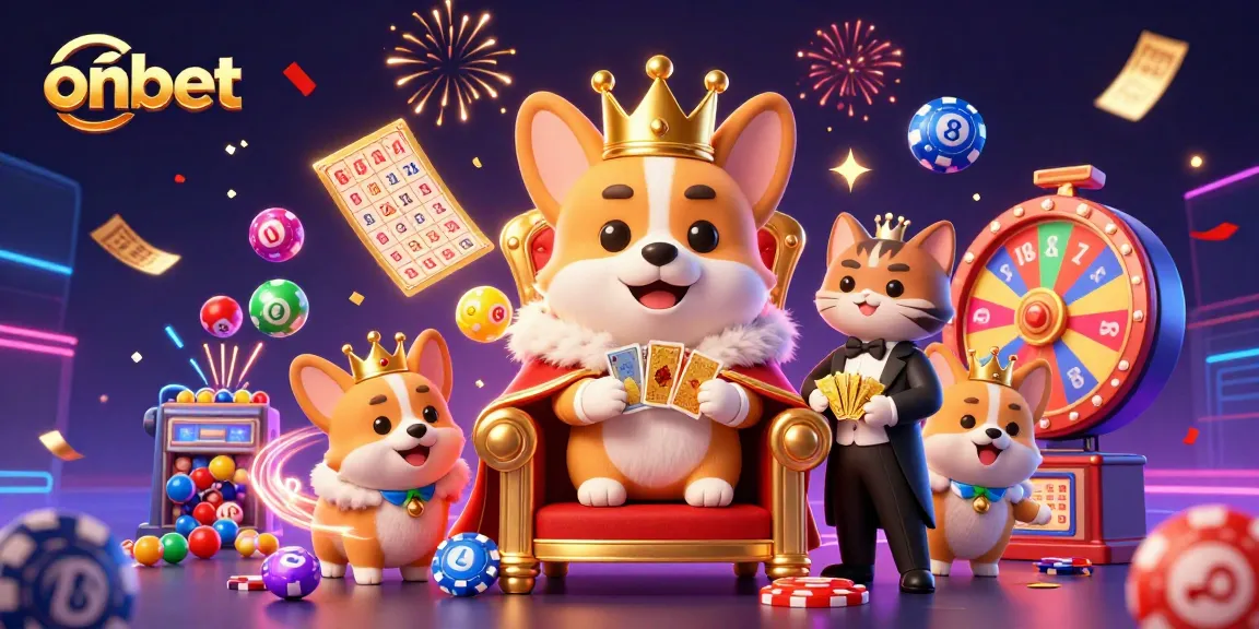 Experience excitement with ONBET's vibrant lottery scene featuring a royal corgi and dynamic gambling elements.
