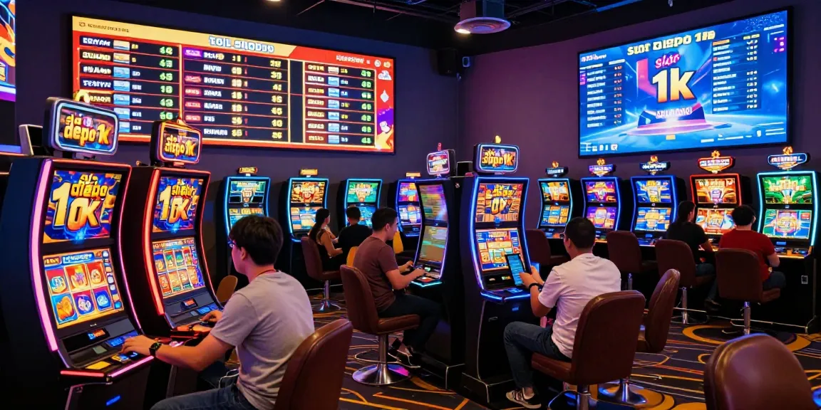 Engaging slot depo 1k gaming scene with players at vibrant digital casino, showcasing excitement and colorful displays.