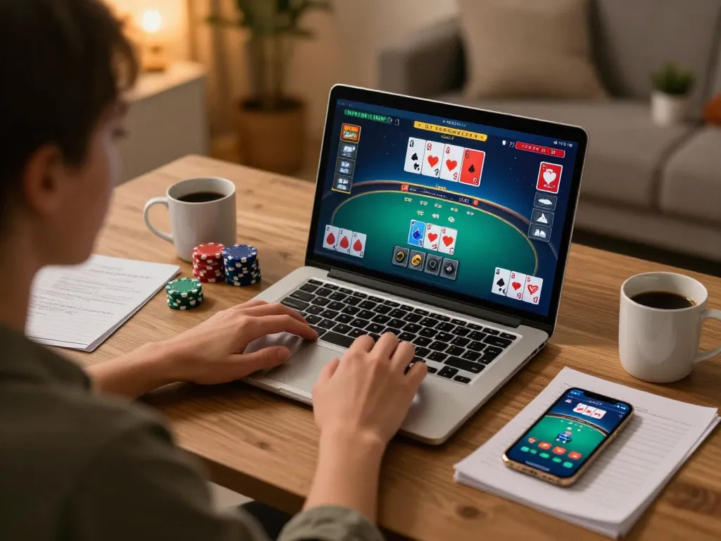Engaged player using online casino app 789win while analyzing poker strategies at home.