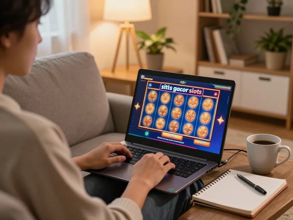 Engaging in situs gacor slot gaming at home on a cozy sofa with vibrant graphics.