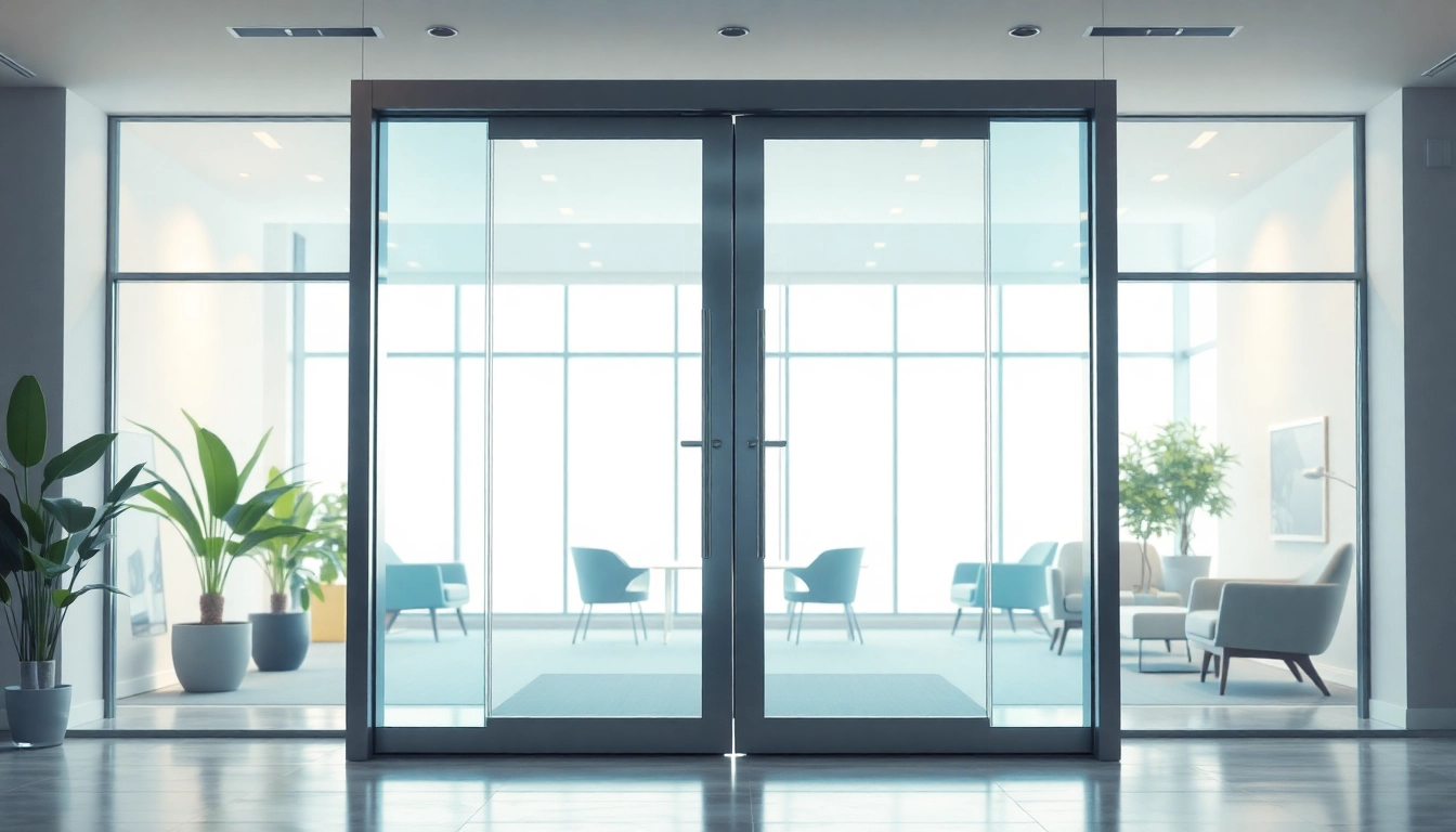 Opening commercial automatic doors in a modern office, showcasing their sleek design and functionality.