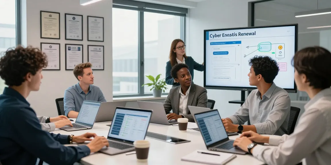 Team collaborating on cyber essentials renewal strategies in a modern office