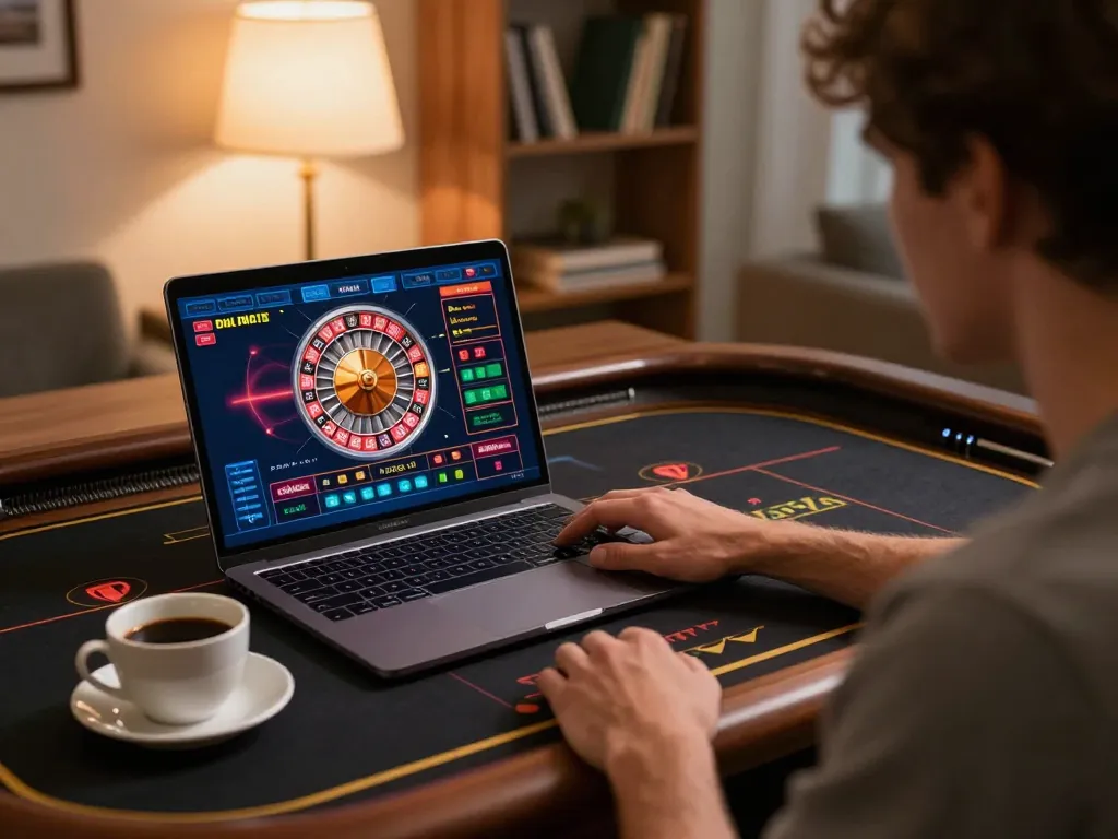 Player enjoying an immersive EV99 online roulette experience with vibrant game display and home ambiance.