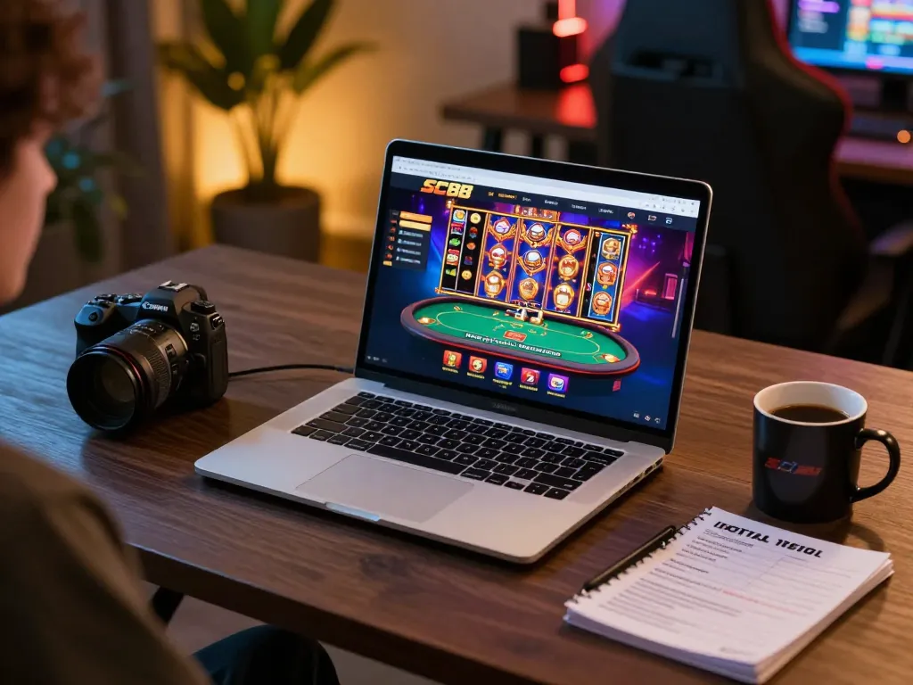Engaging with the SC88-bm platform for online gaming, laptop displayed with casino games