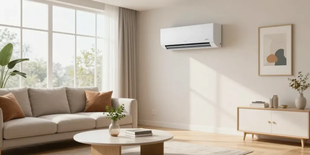 Stylish living room with 24k BTU mini split providing cool air, modern décor.