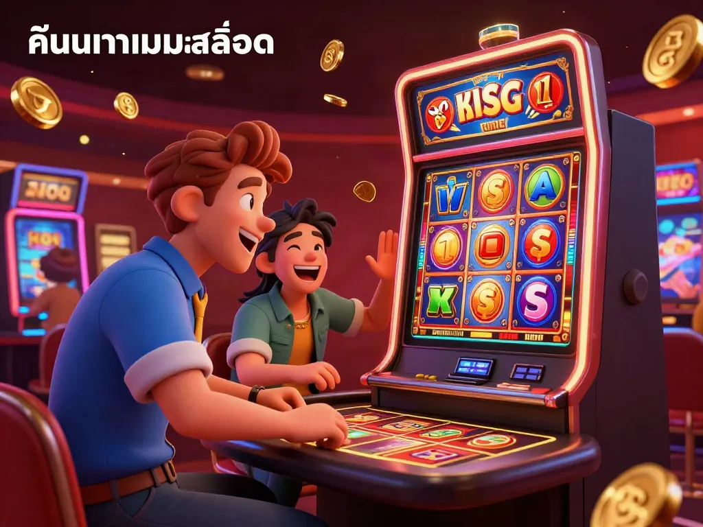 Excited players search for thrilling slots in a vibrant casino scene, experiencing the excitement of ค้นหาเกมสล็อต.