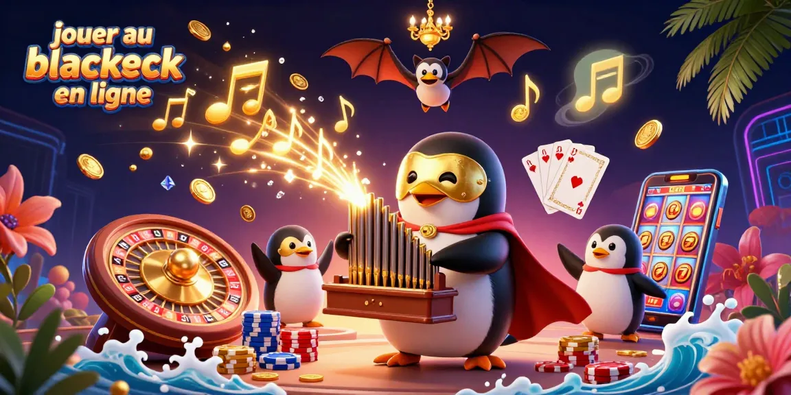 Jouer au blackjack en ligne avec un pingouin fantôme et des éléments de casino animés.