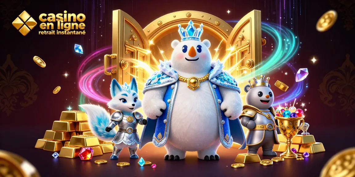 Casino en ligne retrait instantané illustré par un ours polaire royal et un renard, entourés de trésors