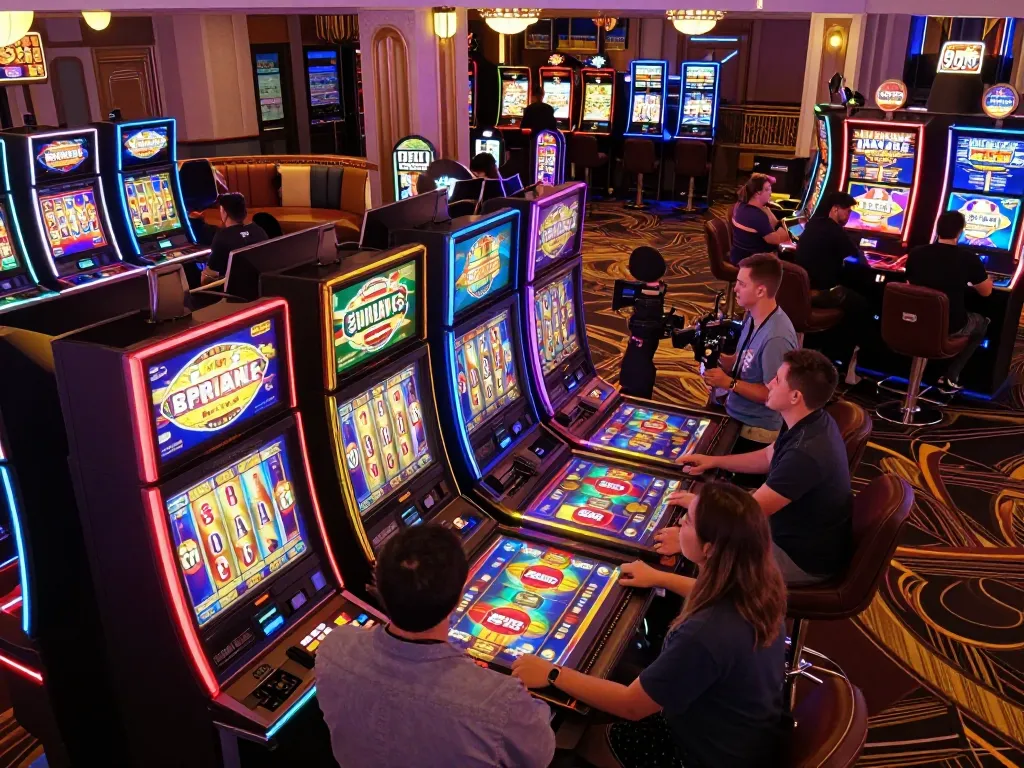 Players activating vibrant slot depo 10k machines, feeling the thrill of anticipation in a lively casino atmosphere.