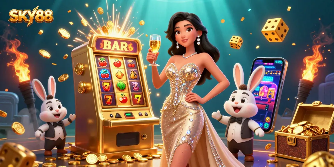Engage in the thrill of SKY88 with a glamorous 3D casino atmosphere featuring a jackpot celebration.