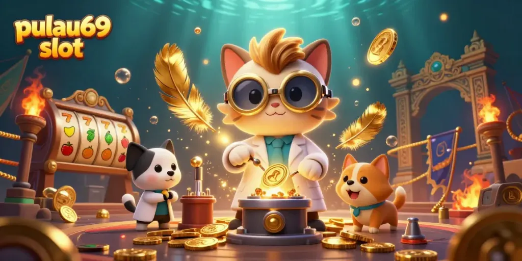 Spin the pulau69 slot reels with a mad scientist cat creating coins in a colorful casino lab.
