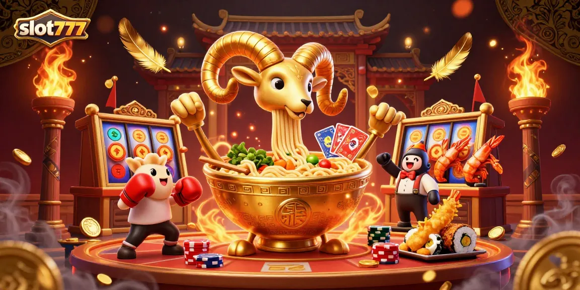 Spin the reels with slot777 as a giant ramen bowl dealer interacts in an exciting casino scene.