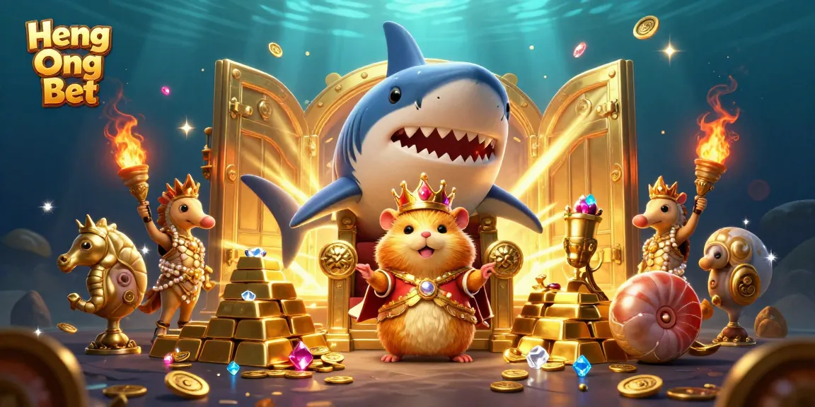Win big with Heng Ong Bet's dynamic 3D casino illustration showcasing a golden hamster king and treasure.