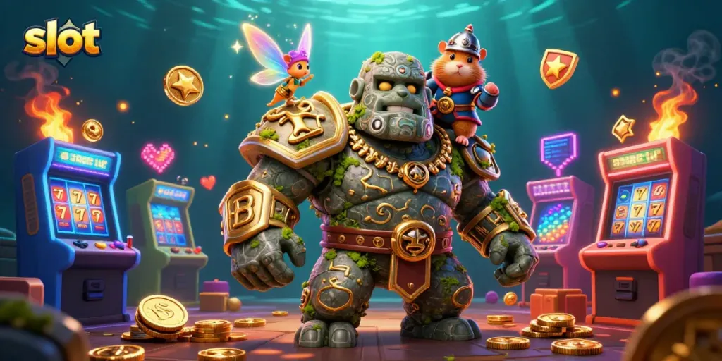 Spin the slot reels and win big with this vibrant casino illustration featuring friendly 3D characters.