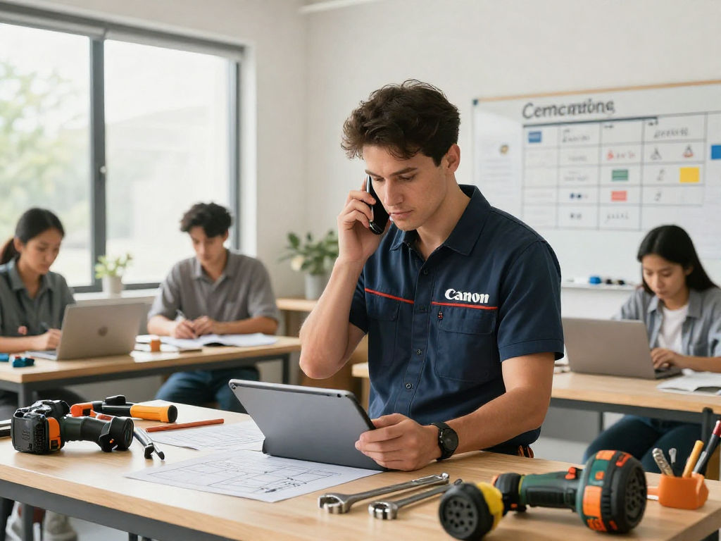 Contractor lead generation in a vibrant workspace with a contractor fielding calls and reviewing project plans.