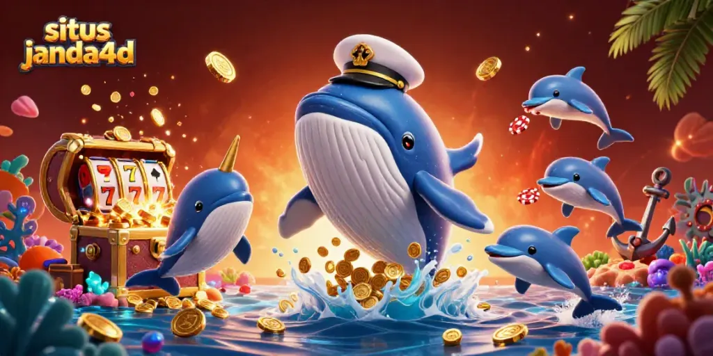 Ilustrasi situs janda4d dengan ikan paus kartun besar dan simbol slot berkelap-kelip.