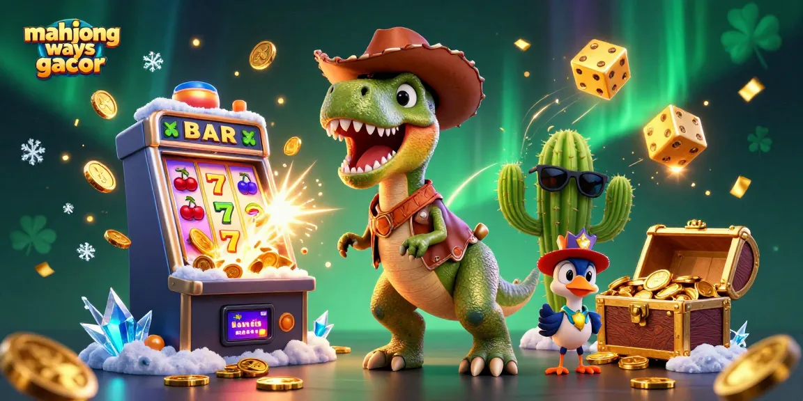 Experience mahjong ways gacor with a thrilling slot scene featuring a cowboy T-Rex and vibrant casino elements.