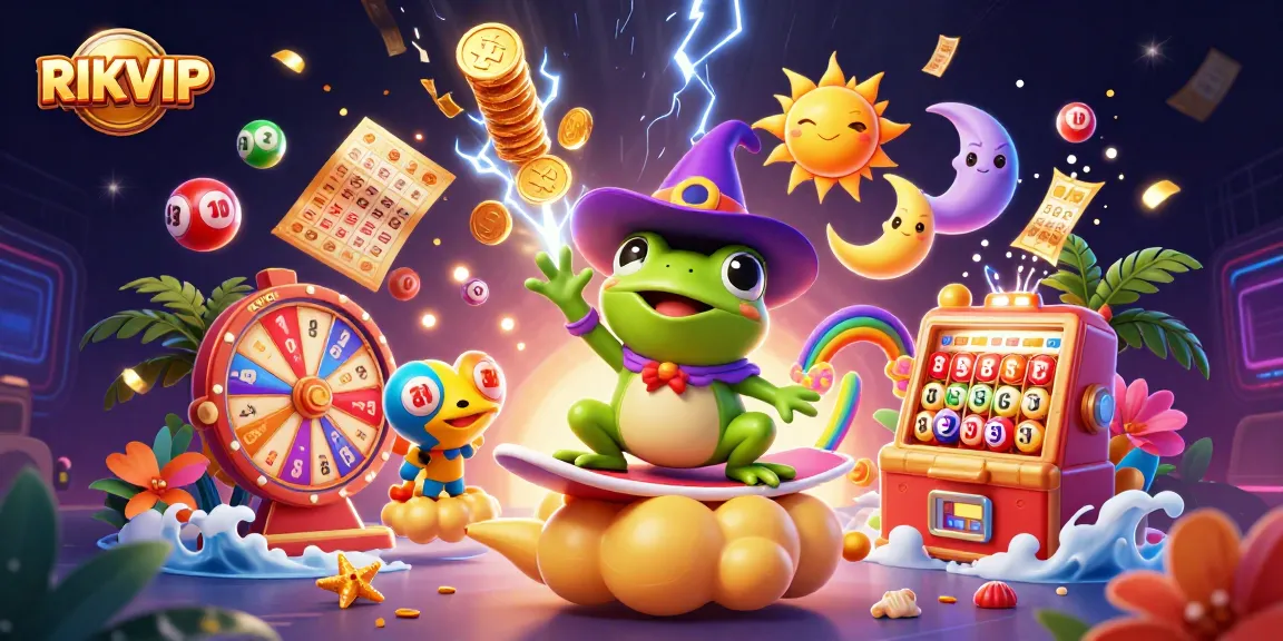 Win big at RIKVIP with vibrant illustrations of golden coins and exciting game elements.
