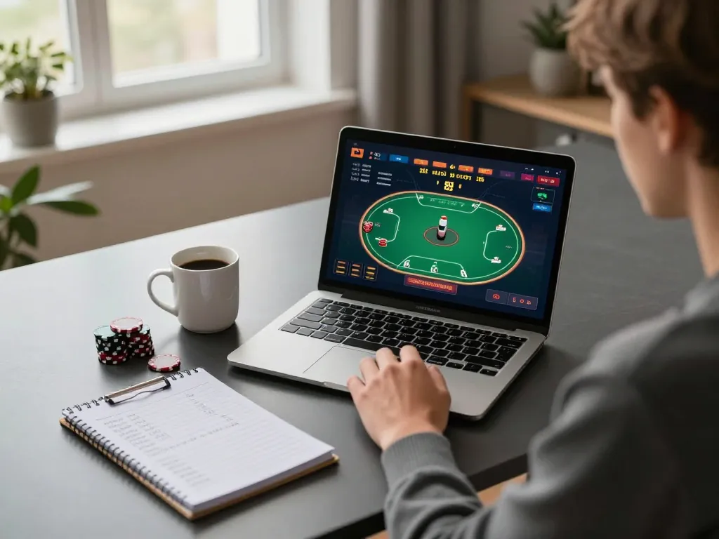 Engaged player accessing open88 trang chủ for strategic online poker gameplay at home.