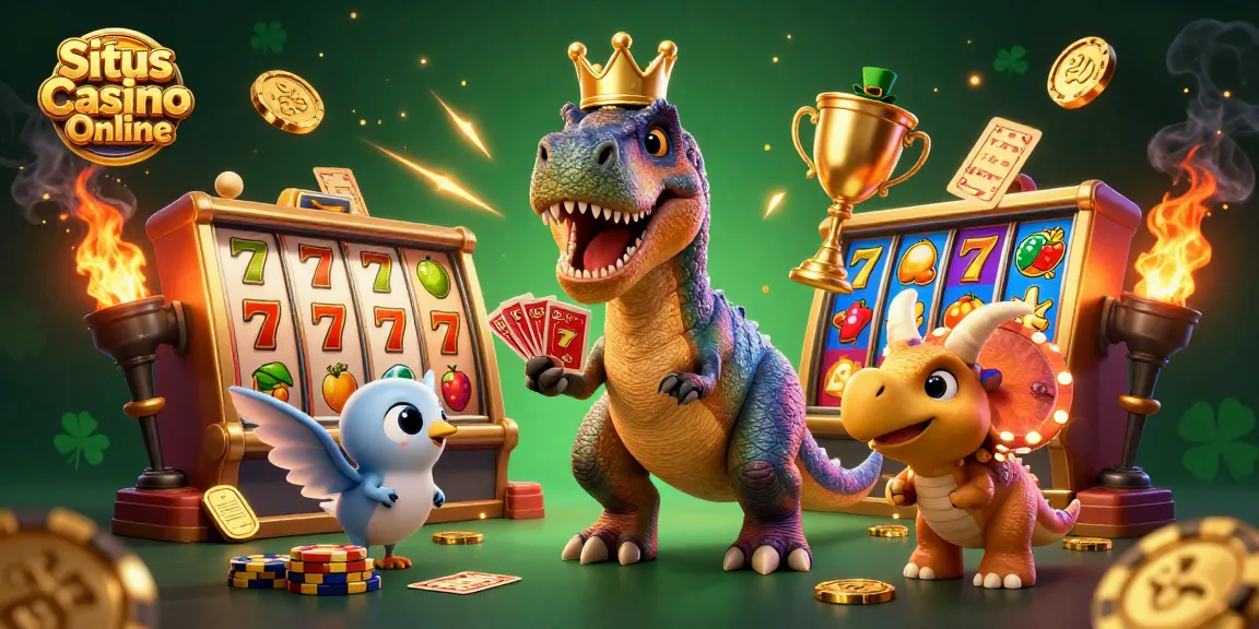 Situs Casino Online features a T-Rex shuffling cards amid vibrant slot elements, showcasing thrilling casino action.