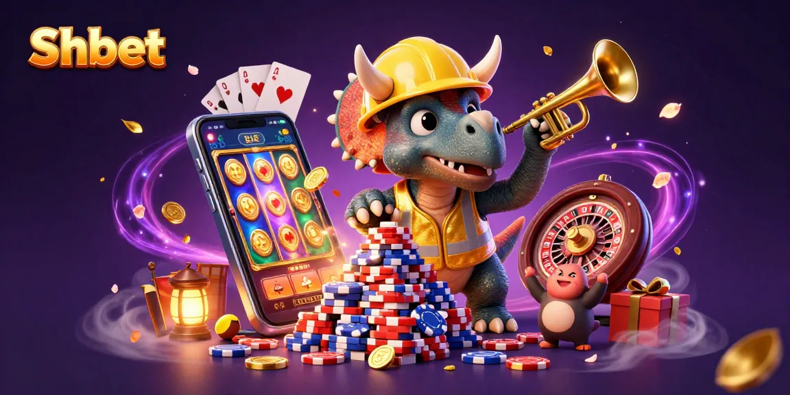 Shbet offers an exciting view of a vibrant casino scene with a triumphant triceratops celebrating winnings.