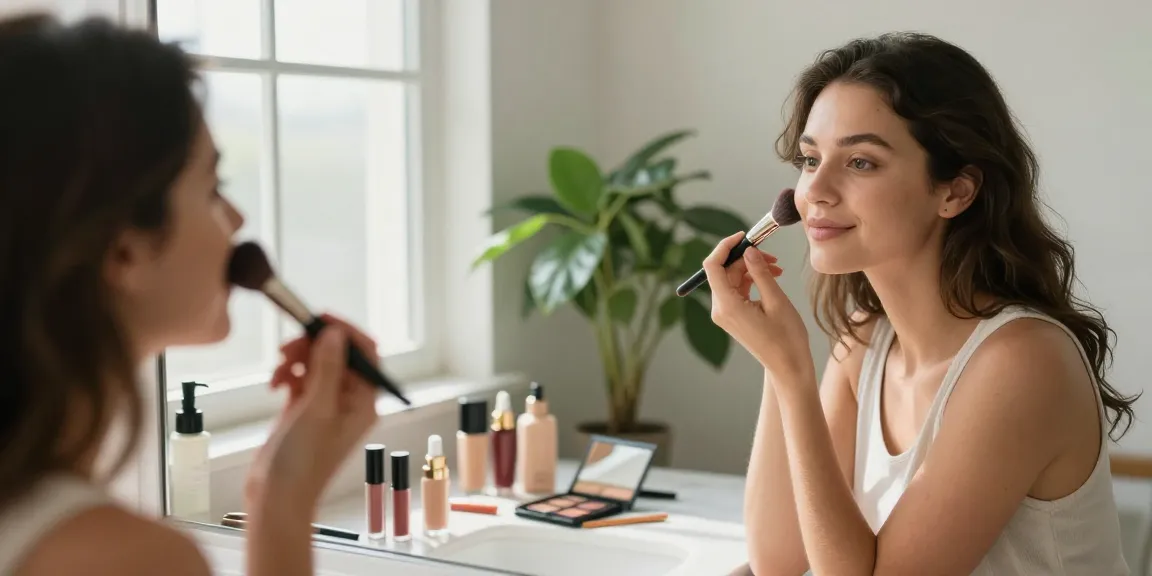 Woman using makeup blending brushes to achieve a flawless makeup look in a bright bathroom.