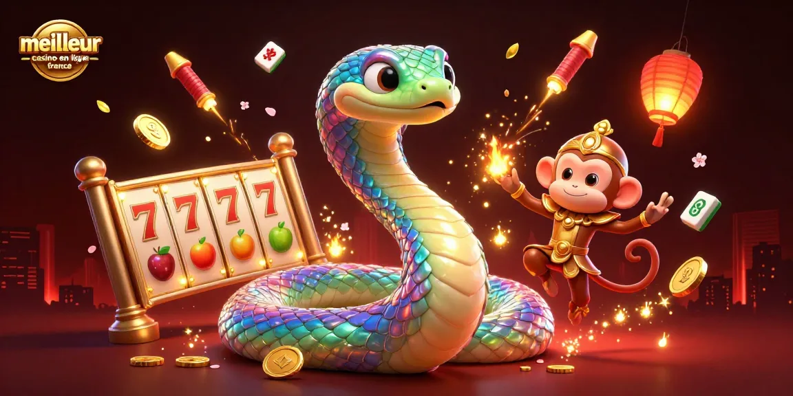 Illustration vibrante représentant le meilleur casino en ligne France avec des éléments de jackpot, serpent arc-en-ciel et roi singe en action.