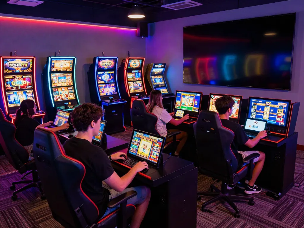 Suasana ramai permainan online dengan pemain menikmati slot777 di perangkat modern.