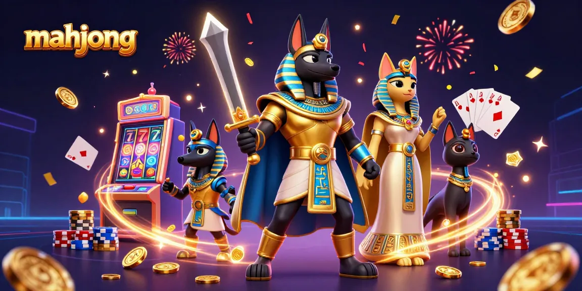 Experience thrilling mahjong gameplay with Anubis and Bastet amidst vibrant casino elements.