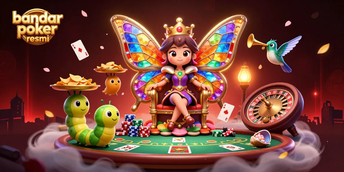 Engage with bandar poker resmi at a vibrant online poker scene with a butterfly queen and dynamic gaming elements.