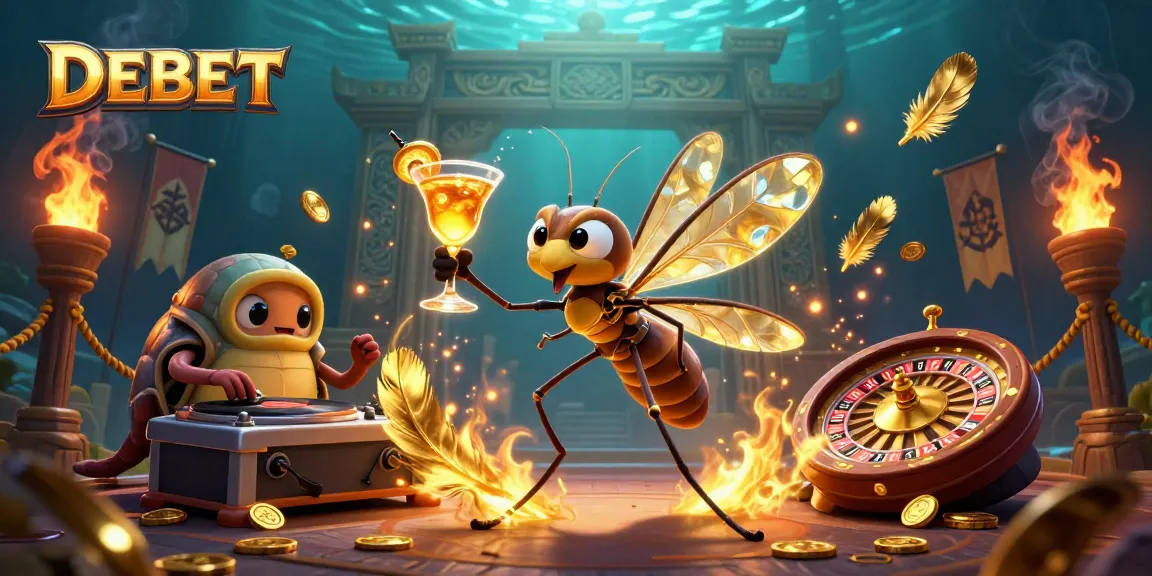 Win exciting prizes with DEBET at this dynamic casino-themed digital scene filled with animated characters.