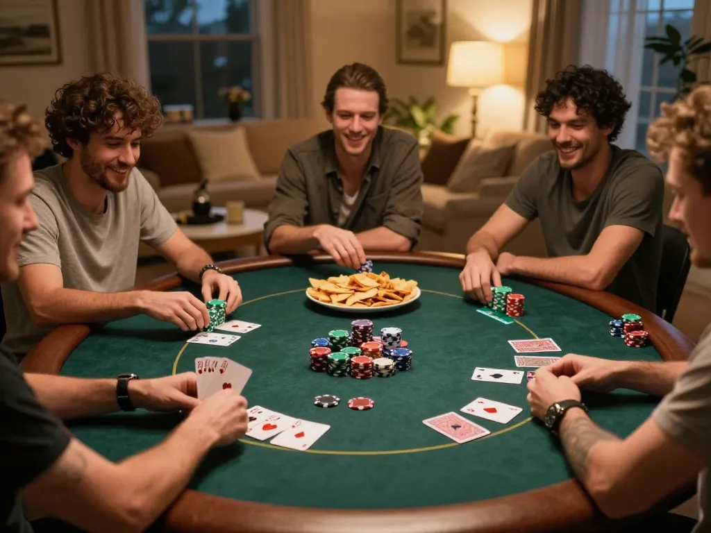 Players enjoying a poker game at home with tg88 atmosphere of excitement and strategy in a cozy setting