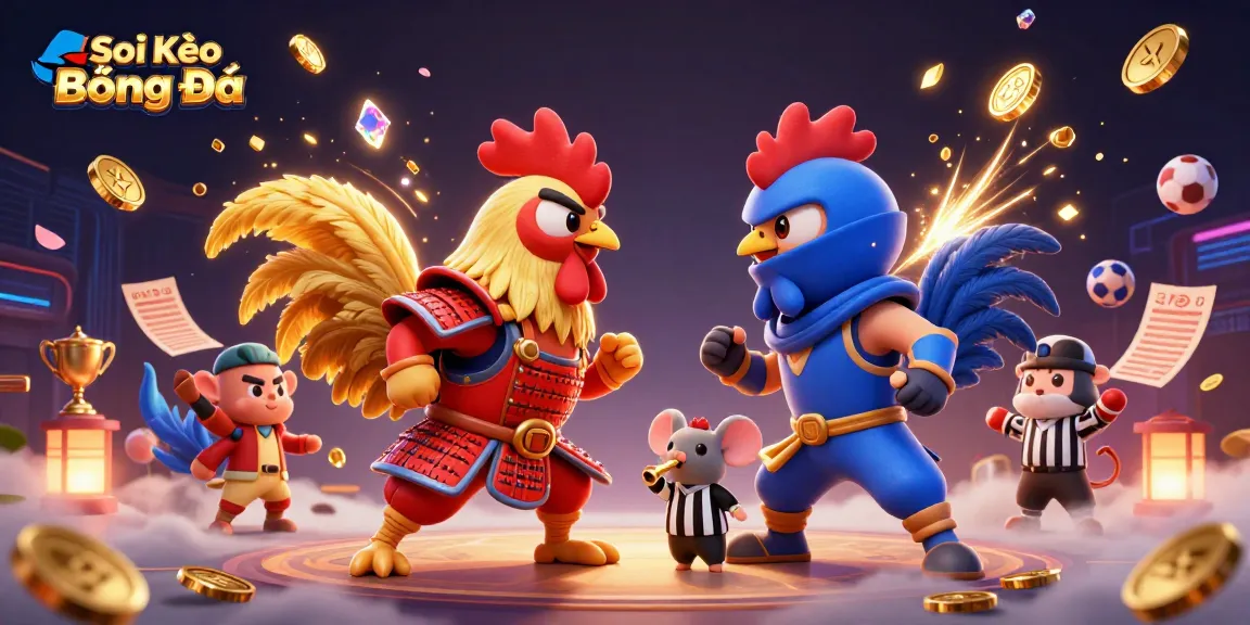 Soi Kèo Bóng Đá showcases a dramatic clash between roosters in a vibrant sports-themed 3D illustration.