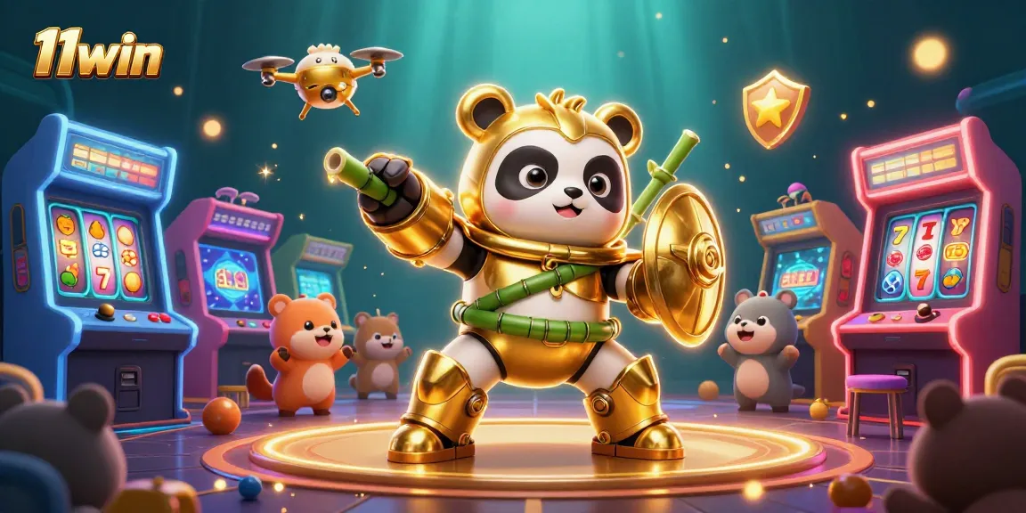 Engage in thrilling gameplay at 11win with a dynamic mech-suit panda battling in a lively casino arena.