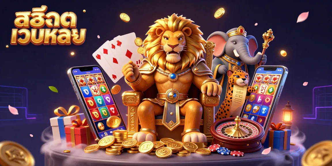 Engage with the exciting สล็อตเว็บตรง online gaming scene featuring a lion king, elephant advisor, and cheetah messenger with slot games.
