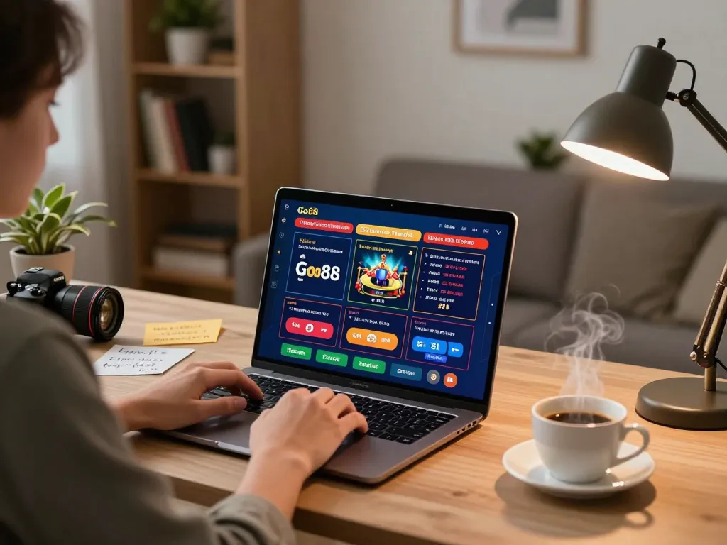 Tham gia vào gameplay chiến lược trên Go88 qua một thiết lập trực tuyến hiện đại tại nhà, trưng bày máy tính xách tay và môi trường chơi game.