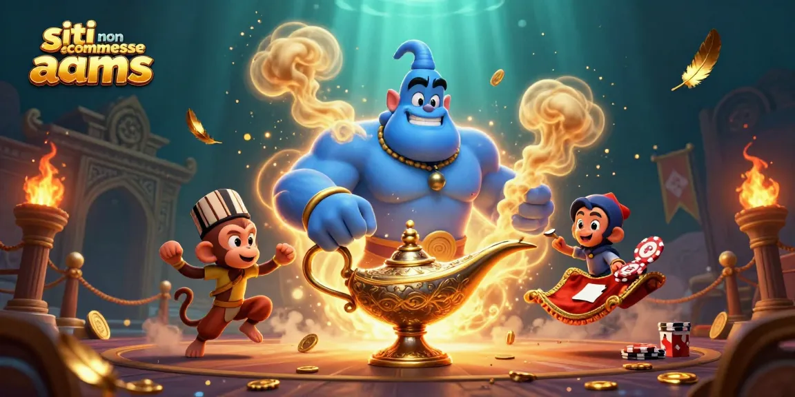 Scopri i siti scommesse non AAMS sicuri con un genio e un tappeto volante in un'illustrazione vivace.