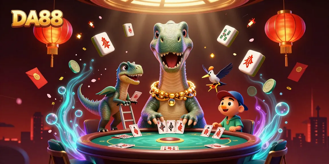 Experience the excitement of DA88 with a playful 3D casino scene featuring a brontosaurus and raptor.
