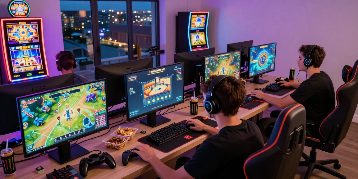 NAGA2000 gamers enjoying an exciting online gaming session with multiple screens and vibrant LED lights.