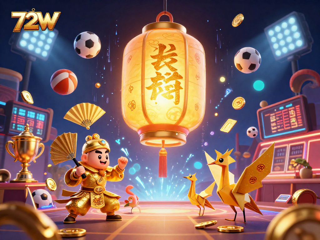 72W promove uma animada cena de cassino com elementos esportivos e simbólicos, com lanternas douradas e moedas.