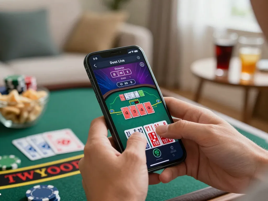 Engaging action in F8beta2 ink mobile blackjack game, player doubling down on cards in a cozy home setting.