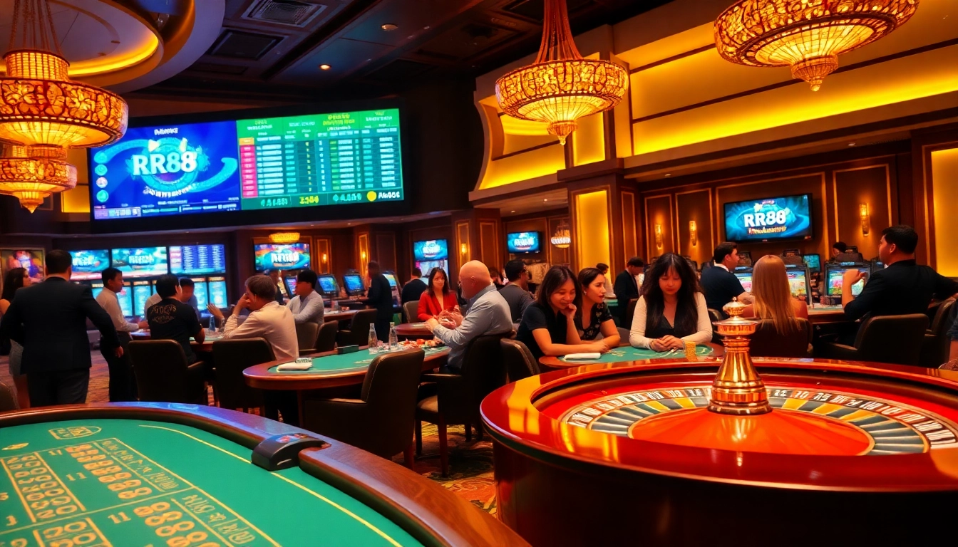 Exciting casino scene showcasing RR88 gaming experience with vibrant tables and players.