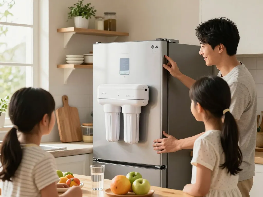 Family member installing the Waterdrop Alkaline LT1000PC ADQ747935 Replacement for LG® LT1000P®/PC/PCS ThinQ® Refrigerator Water Filter in a bright kitchen with fresh produce.
